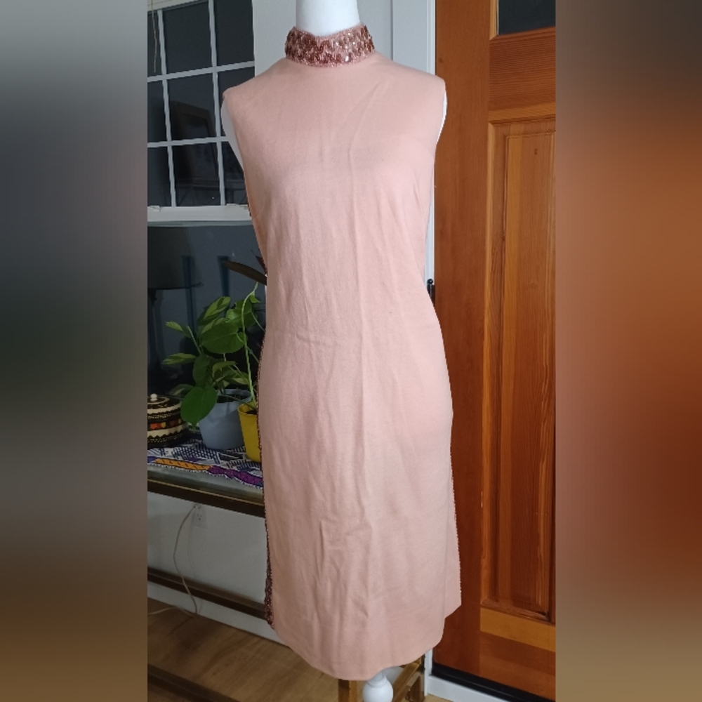 Saba California Vintage Shift Dress With Sequin Trim And High Collar